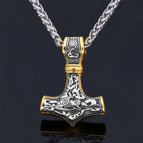 Imagem 2 de 7 de Colar Pingente Viking Nórdico Martelo De Thor Corrente Odin