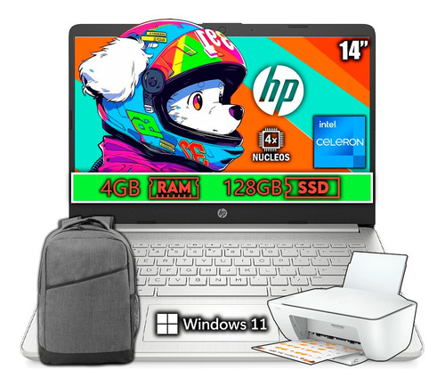 Laptop Hp 14 Intel Celeron N4120 128gb Ssd 4gb Ram + Kit