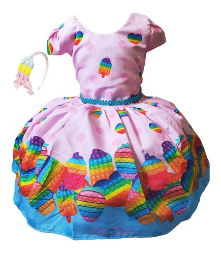 Imagem 1 de 2 de Vestido Infantil  Pop It Modinha Pop It Fidget Toy + Tiara 
