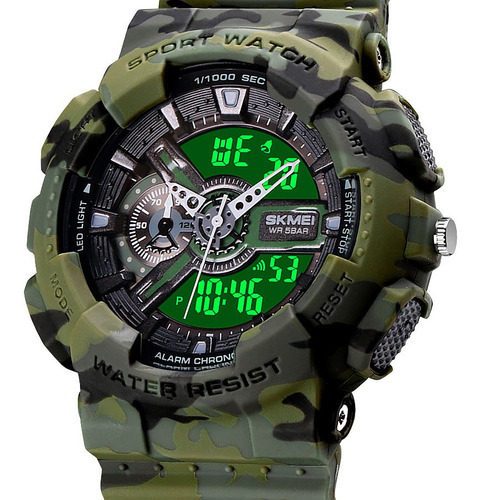 Reloj Unisex Skmei 1688 Sumergible Digital Alarma Cronometro Color De La Malla Verde Camuflaje