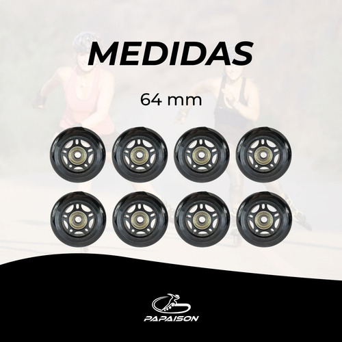 Ruedas Patines Goma Pu 64 Mm 8 Unidades Con Rulemanes Abec7 Color Negro