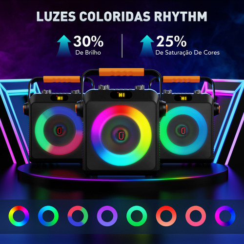 Caixa Som Portátil Bluetooth Con Microfone Amplificada, TWS para Som Estéreo Hi-Fi Luzes RGB para Casa, Festa e Uso Externo
