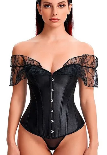 Corset Corselet Espartilho Manga Renda Festa Preto M649