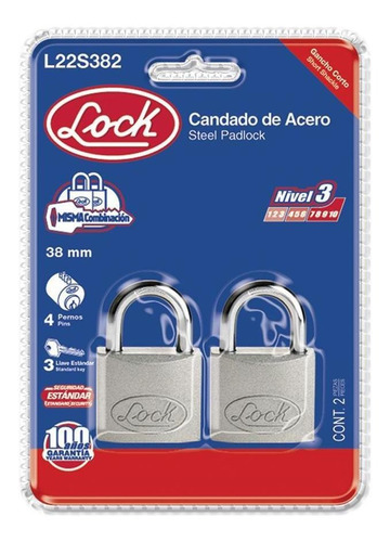 Candado Acero Corto Llave Estándar 2 Pzs Cromo Satinado Lock