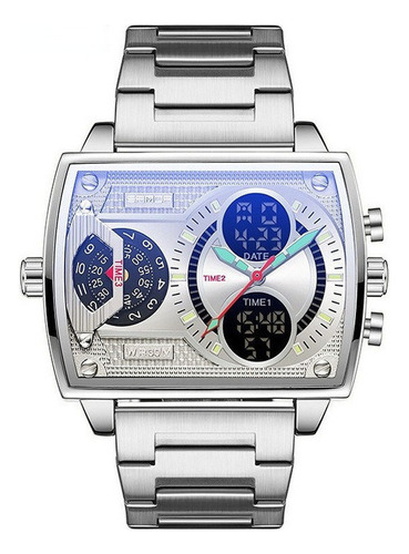 Relógio eletrônico luminoso Sanda Square Calendar com pulseira de prata