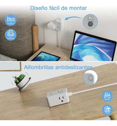Multiple Enchufe Plano Con 1.5m 3 Salidas Ca Y 2 Puertos Usb