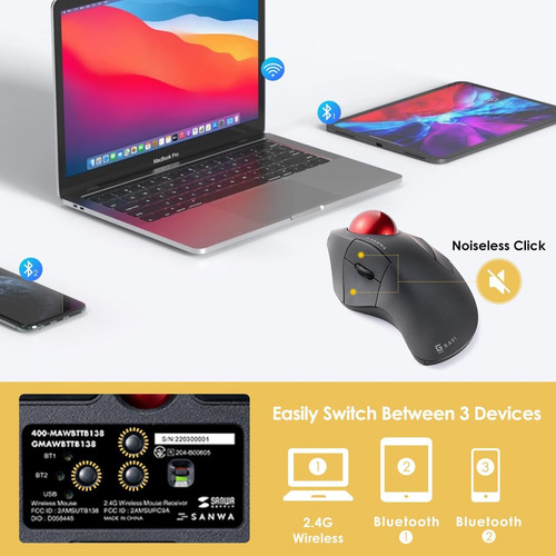 Trackball Inalámbrico Ergonómico Sanwa Bluetooth 5.1 + 2...