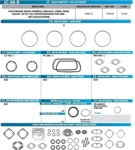 Kit Juntas De Motor Para Vocho Combi Brasilia Safari 1600cc