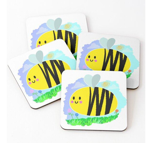 Set Posavasos Abejorro Prado Flores Corazón Dibujos Animados