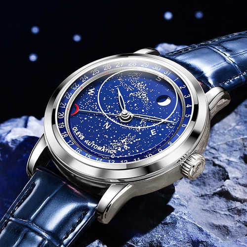 Reloj Automático Olevs 9923 Moon Phase Para Hombre Color del bisel Plateado