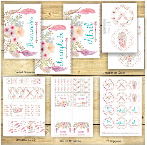 Kit Imprimible Boho Plumas Flores