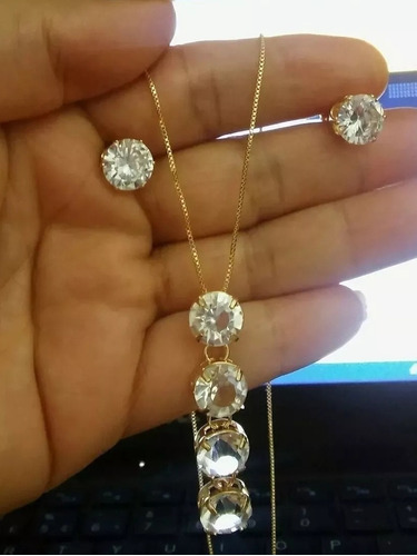 Conjunto Colar E Brinco Pedra Zircon  Folheado Ouro 18k  