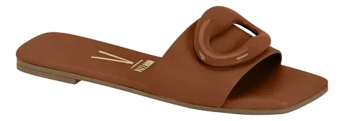 Sandália feminina estilo slide da marca Vizzano na cor marrom com detalhe de fivela no cabedal e bico quadrado