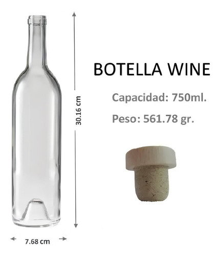 Botella De Vidrio Wine 750 Ml Con Corcho 48 Pzas