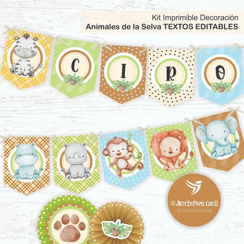 Imagen 1 de 5 de Kit Imprimible Decoración Candybar Animales Selva Textoedita