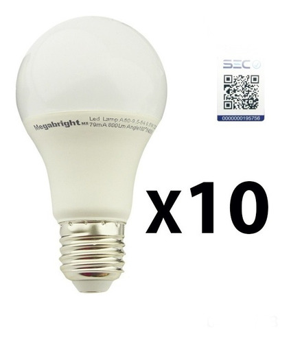 Pack X10 Ampolletas Led 9w Soquete Normal E27 Luz Calida 220