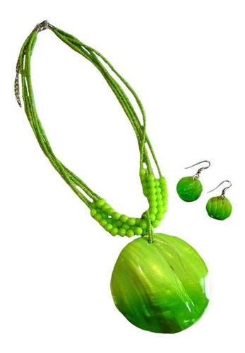 Conjunto Bijouterie De Aros Y Collar Nacarado Verde Manzana