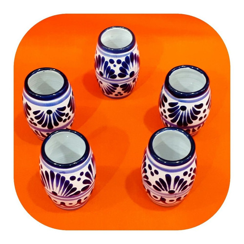 Imagen 1 de 4 de Tequileros De Talavera Poblana Set 5 Vasitos En Azul Blanco