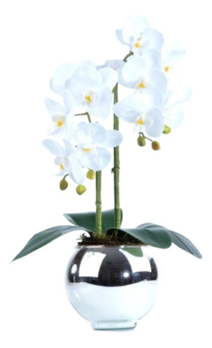 Arranjo 2 Orquídeas Artificiais Brancas Aquário Prata Maísa