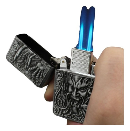 Encendedor Doble Soplete Recargable Dragon Cromo Sin Gas