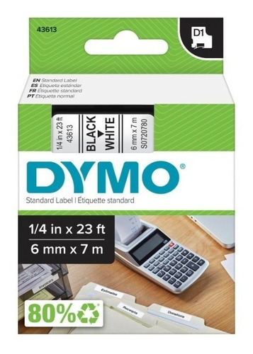 Etiqueta Plástica Dymo D1 6mm Texto Negro Fondo Blanco