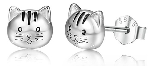 S925 Pendientes De Plata De Ley Con Diseño De Gatito Y Gato 