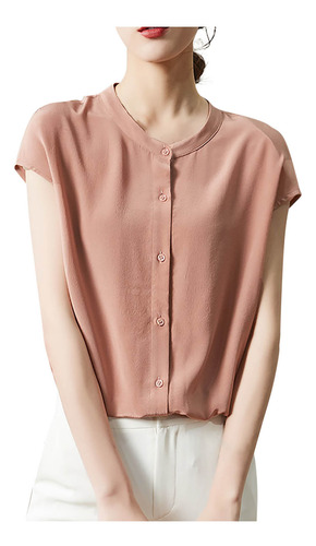 Top De Manga Corta Con Botones Con Cuello En V De Color Liso