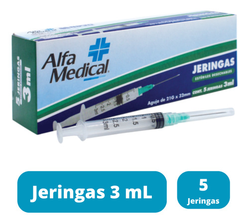 Jeringas 3 Ml Caja Con 5 Jeringas 21 G X 32 Mm Alfa Medical