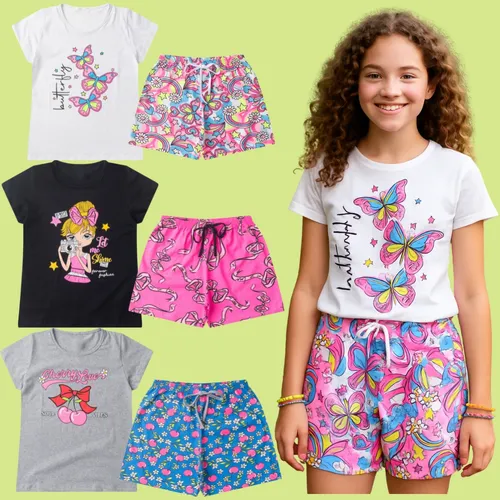 Kit Roupa Infantil Menina 6 Peças Juvenil 3 Blusas + 3 Short