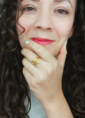 Imagen 3 de 10 de Anillo Ajustable Espiga Dorada Hoja Enchapado En Oro 18k