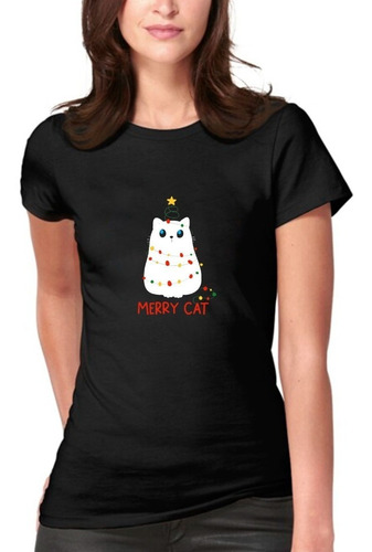 Polera Cat Merry Christmas Gato Gatito Navidad  Moda Mujer