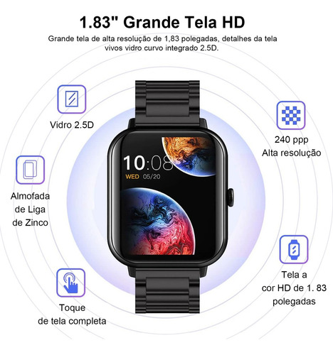 Smartwatch Mertto para homens e mulheres, 1,83 polegadas, Bluetooth, chamadas, notificações de informações, iOS, Android, esportes, saúde, preto, duas alças