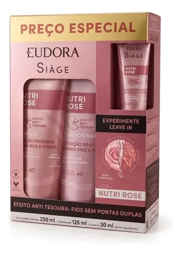 Kit Nutri Rose Shampoo 250ml + Cond 125ml + Leave-in 30ml Eudora Siàge Shampoo 250ml + Condicionador 125 Ml Nutri Rose Leave In 30ml Promopack Shampoo