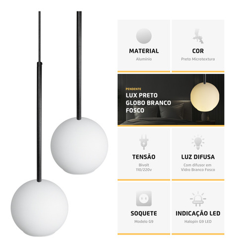 Pendente Lux Duplo Preto Globo Vidro Branco Fosco + Led