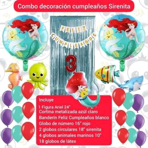 Combo Decoración Cumpleaños Globos Ariel Sirenita / Peces