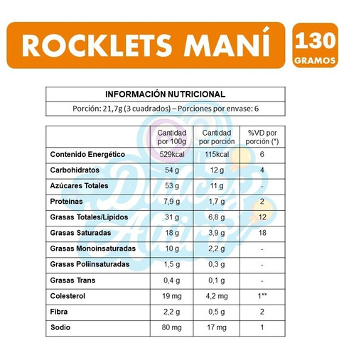 Rocklets Sabor Maní, Marca Arcor - Tableta De 130 Gramos.