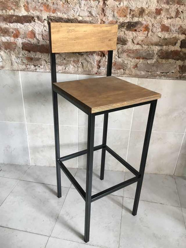 Imagen 2 de 8 de Taburete Barra Bar Hierro Madera C/respaldo 35x35 Cerveceria