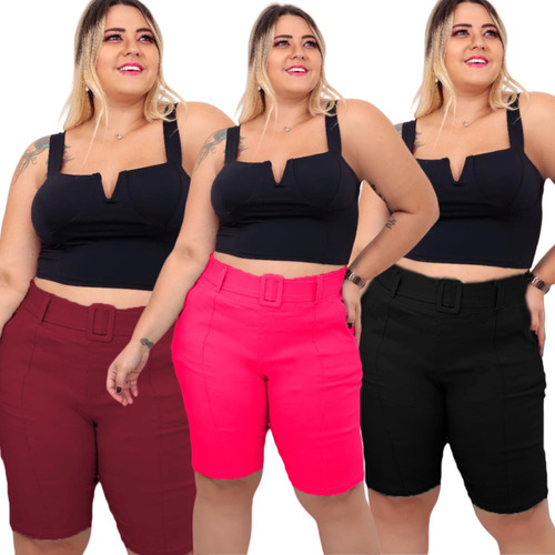 Kit Com 3 Bermudas Feminina Plus Size Com Bolsos E Cinto