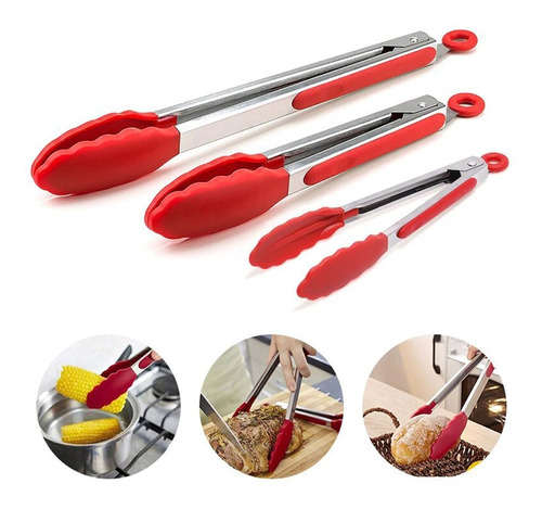 Set 3 Pinzas De Cocina Silicona Y Acero Multiuso Medidas 