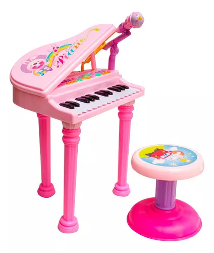 Piano, micrófono musical y taburete para niños, función de grabación,  batería de color rosa