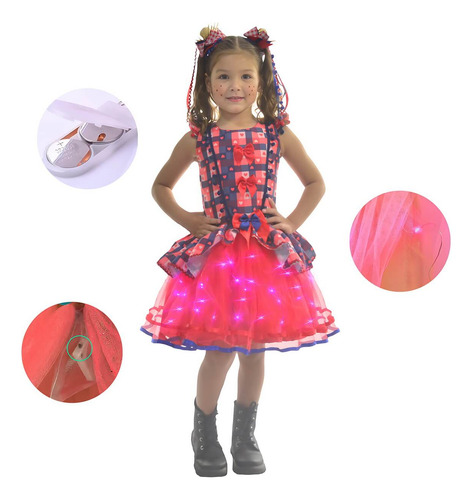 Vestido Festa Junina Xadrez Tule Vermelho Com Led