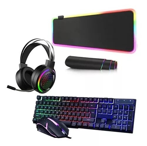 Combo de teclado y mouse con cable para juegos con alfombrilla de mouse y  auriculares, juego de juegos 4 en 1 100% tamaño completo LED RGB con luz  LED