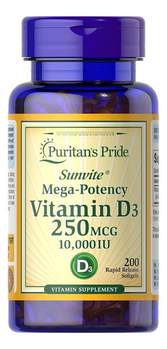 Suplemento en cápsula Puritan's Pride  Premium Vitamina D3 10.000 UI vitaminas en frasco de 100mL 200 un