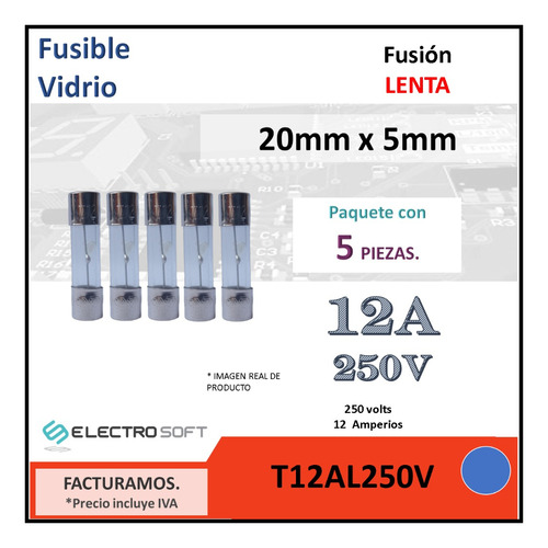 5pz Fusible Europeo 12a 250v Fusión Lenta | 12 Amperios