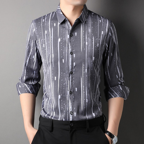 Camisa Casual De Manga Larga Para Hombre, Camisa A Rayas De