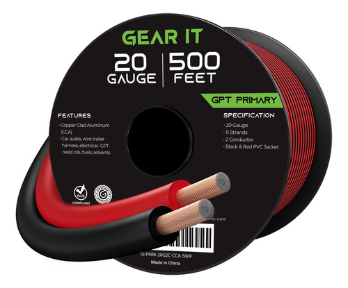 Gearit Cable De Calibre 20 (500 Pies - Negro/rojo) Gpt - Cab