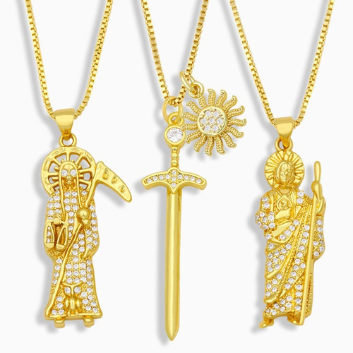 3 Collares De Santa Muerte Chapados En Oro.