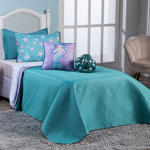 Kit Cama Cobreleito Sereia Tiffany Com Almofadas Casal 7 Pçs