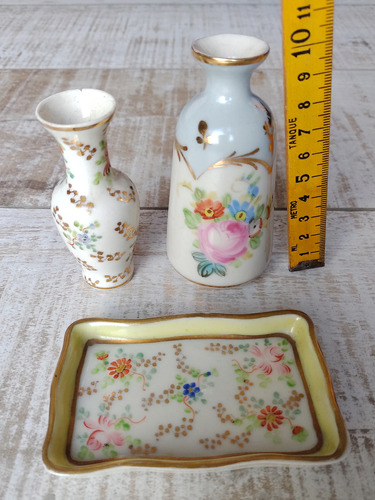 Lote Antigua Porcelana Pintada A Mano Floreritos Bandeja Oro