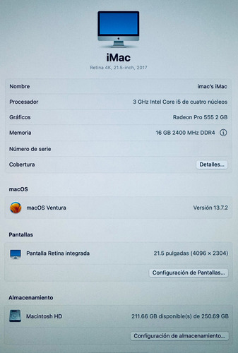 Imac 2017 I5 7ma 250gb Ssd 16gb 2gb Video 21.5 Retina 4k (Reacondicionado)